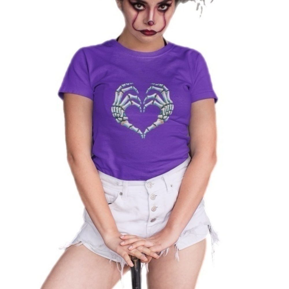 The Blind Medium | Purple Short Sleeve T Skeleton Heart Hands Graphic Print